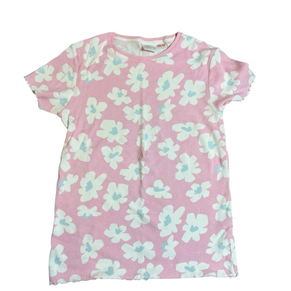 ZARA Girls Floral Pajama Set Pink Ribbed 2-Piece Short Sleeve Size 13-14